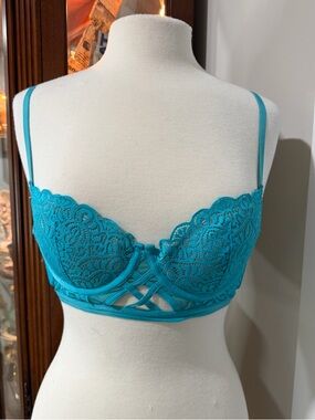 Adore Me Turquoise Lace Balconette Bra with Crisscross Detail